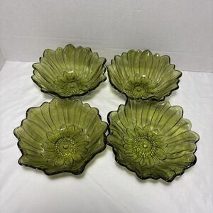 Vintage Indiana Avocado Green Lily Pons Sunflower Glass Bowls Set Of Four 7 Inch